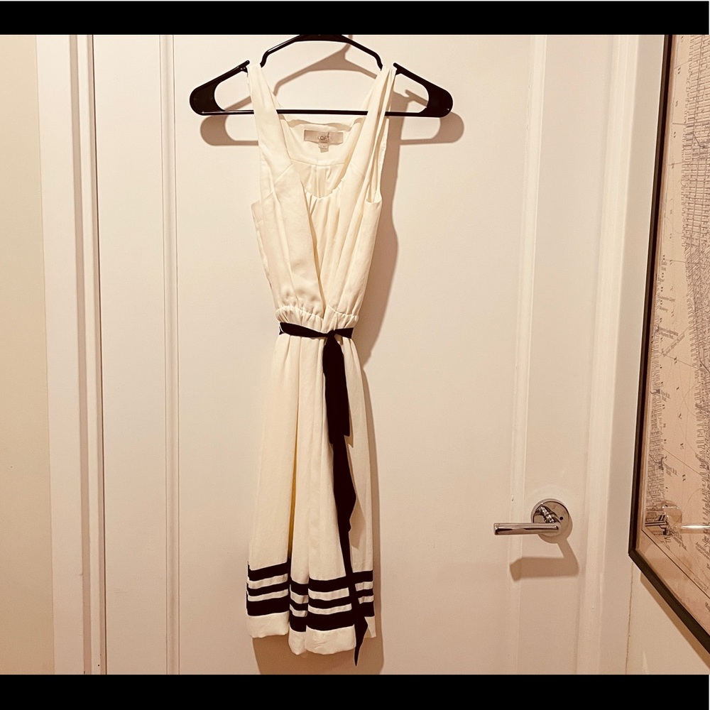 Loft Tie-Waist White Dress with Black Stripes (Medium)